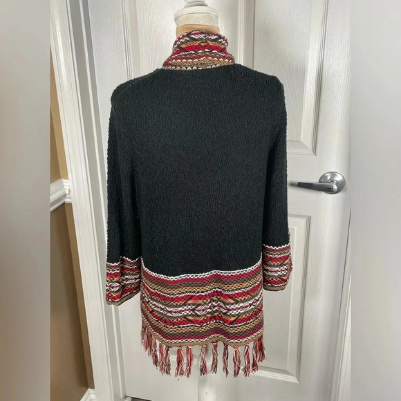 Ruby Rd. black southwest print 3/4 sleeve fringed open cardigan Size Large - Picture 9 of 9